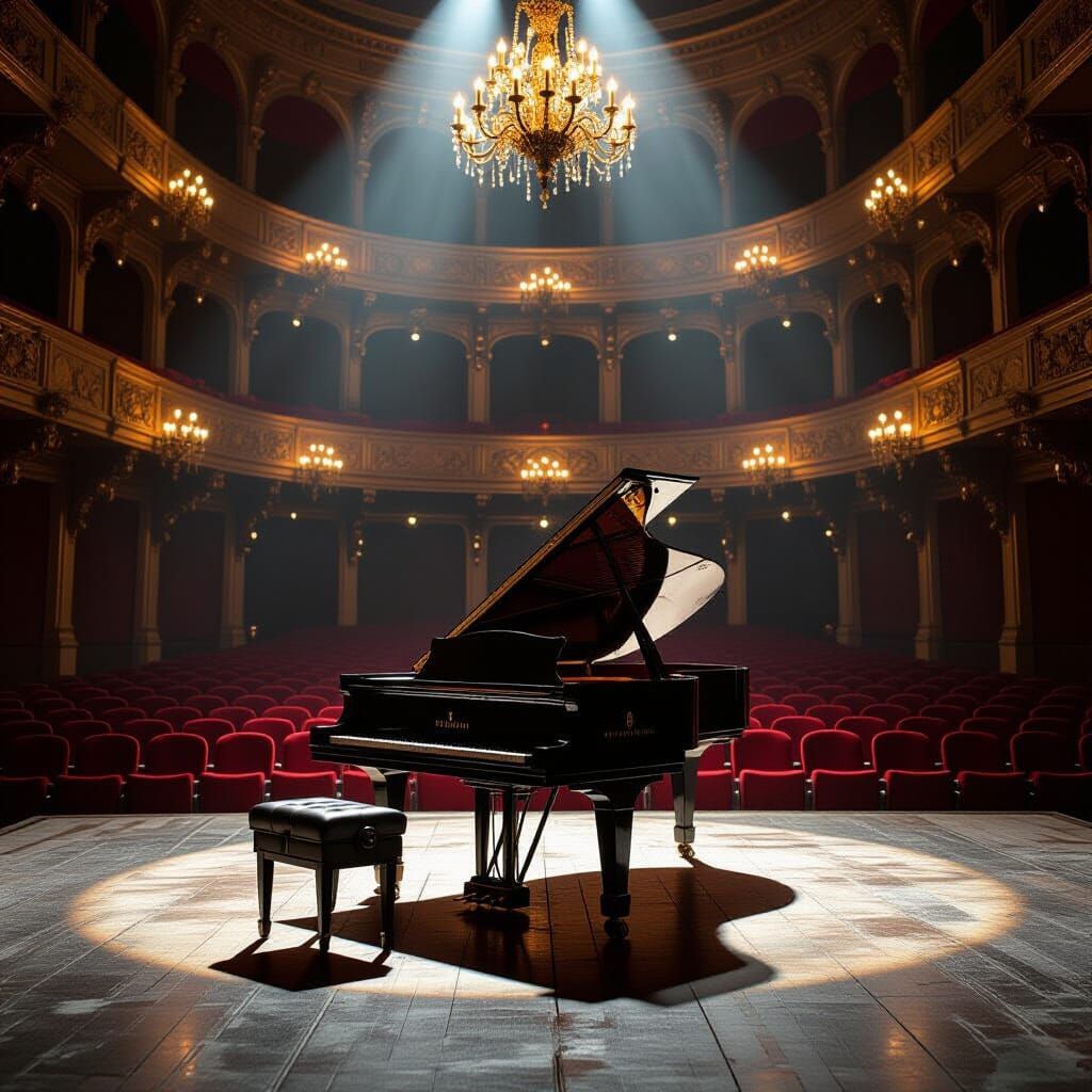 Abandoned Opera House with Grand Piano in Sunlight