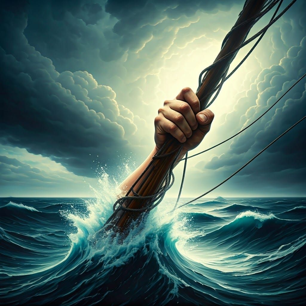 Dramatic Hand Battles Stormy Sea in High-Contrast Style