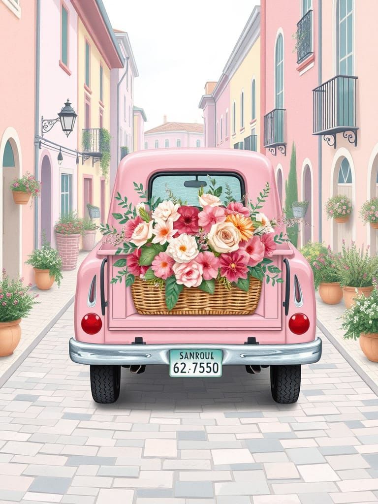Pink Vintage Truck with Floral Designs