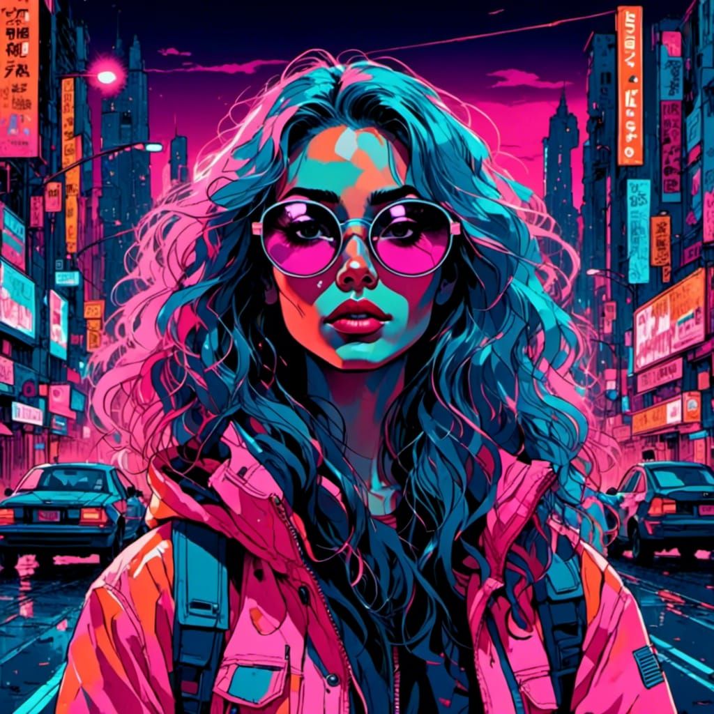 Cyberpunk Woman with Neon Accents Illustration
