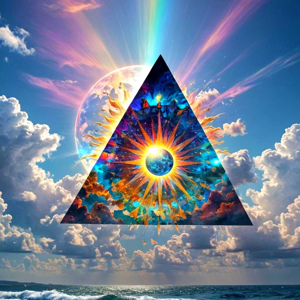 Cosmic Eclipse with Iridescent Triangles in Mixed Media