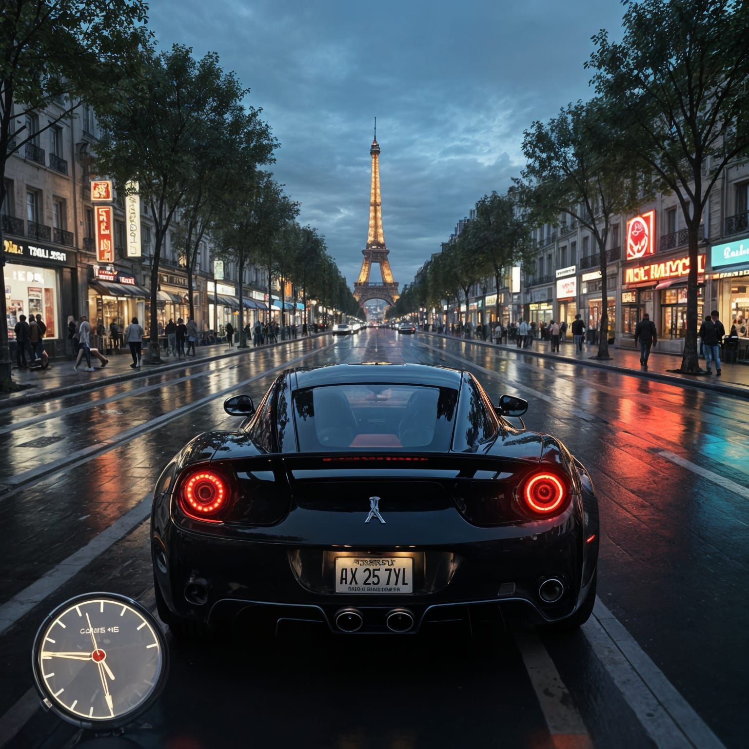 Sleek Black Sports Car Speeds Down Rain-Slicked Champs-Élysé...