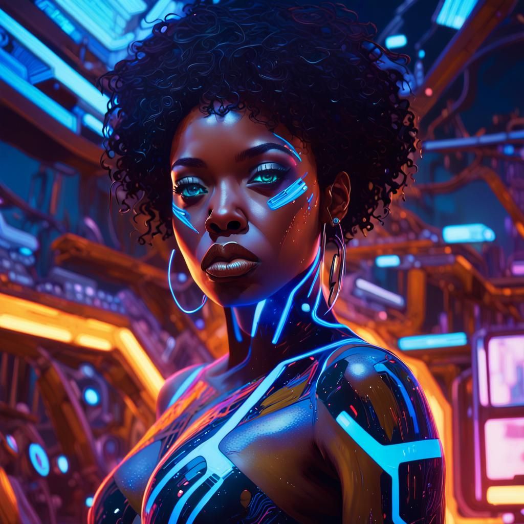 Cyberpunk Portrait of Woman in Sci-Fi Cityscape