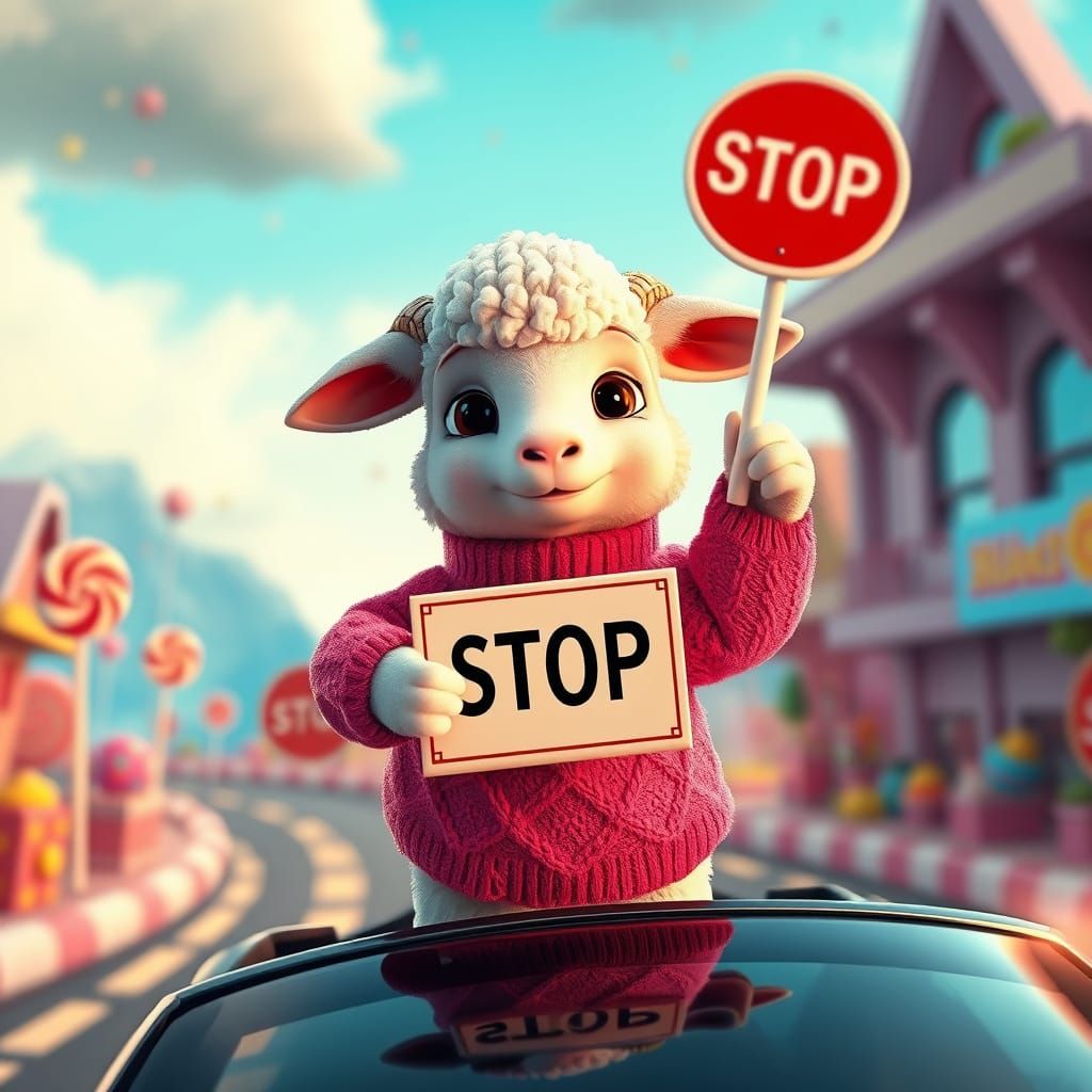 Hyperrealistic Lamb on Car in Candyland Style