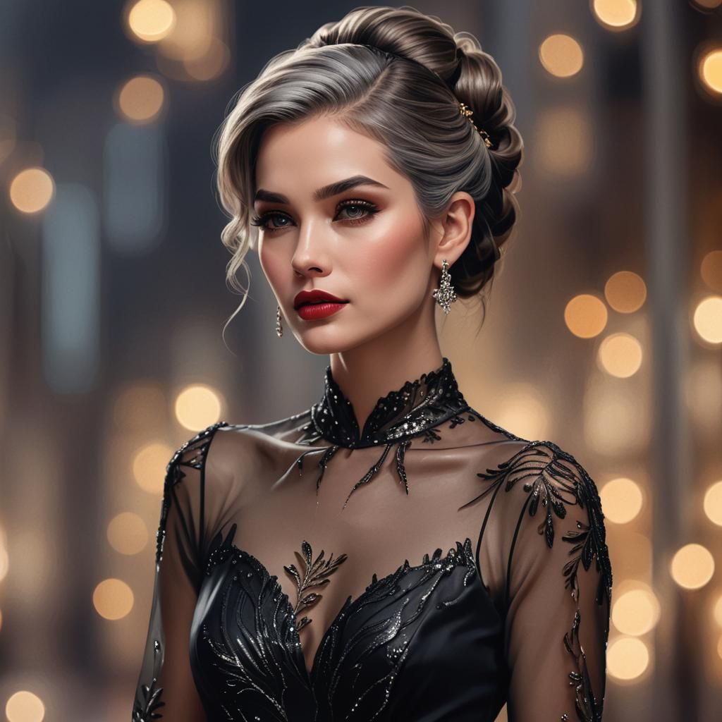 Elegant Woman in Black Gown: Digital Painting