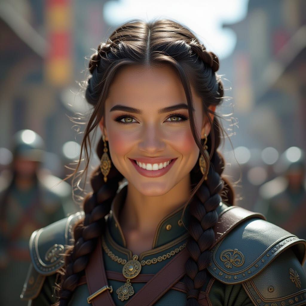 Smiling Warrior Woman with Braided Hair