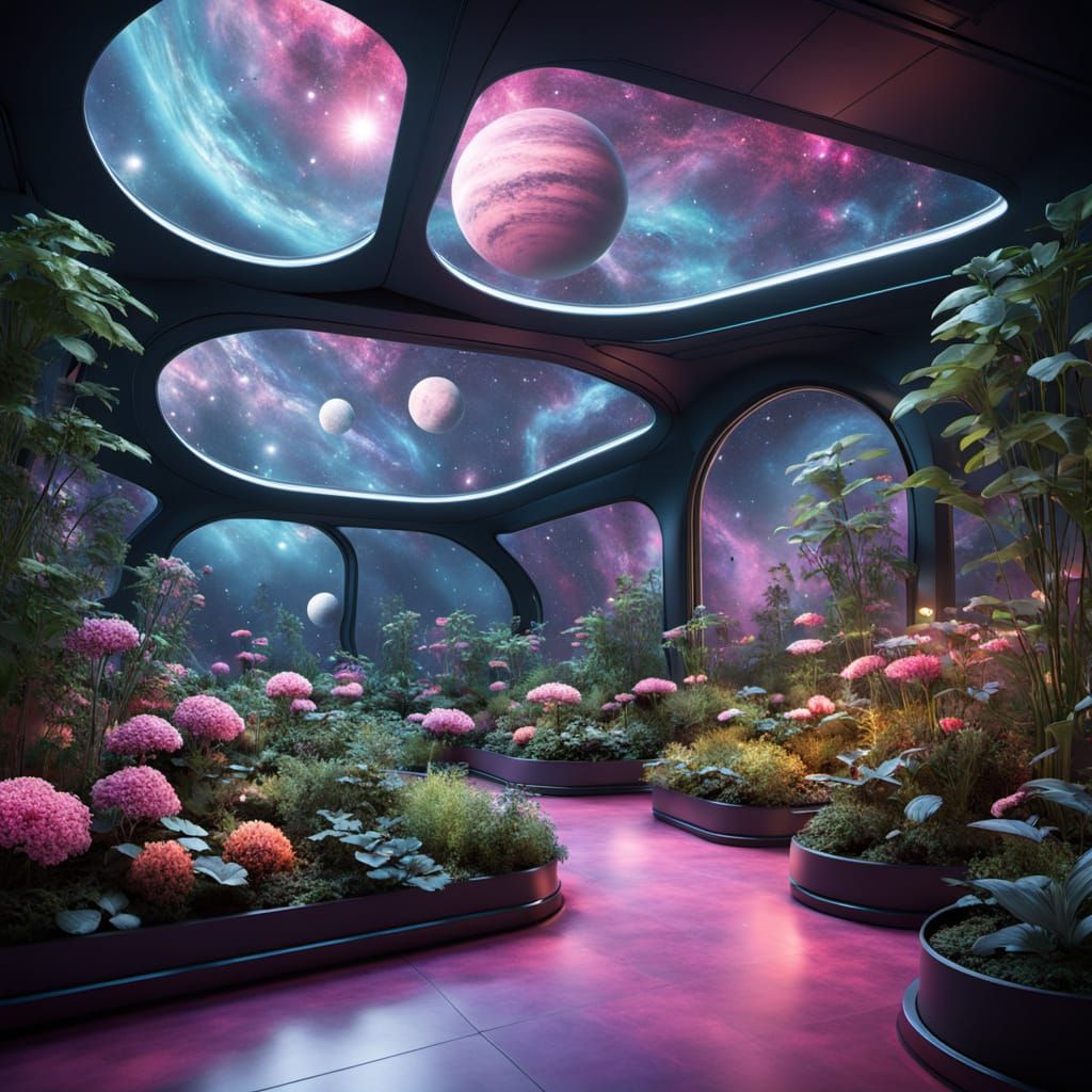 Futuristic Space Station Greenhouse with Vibrant Planetary V...