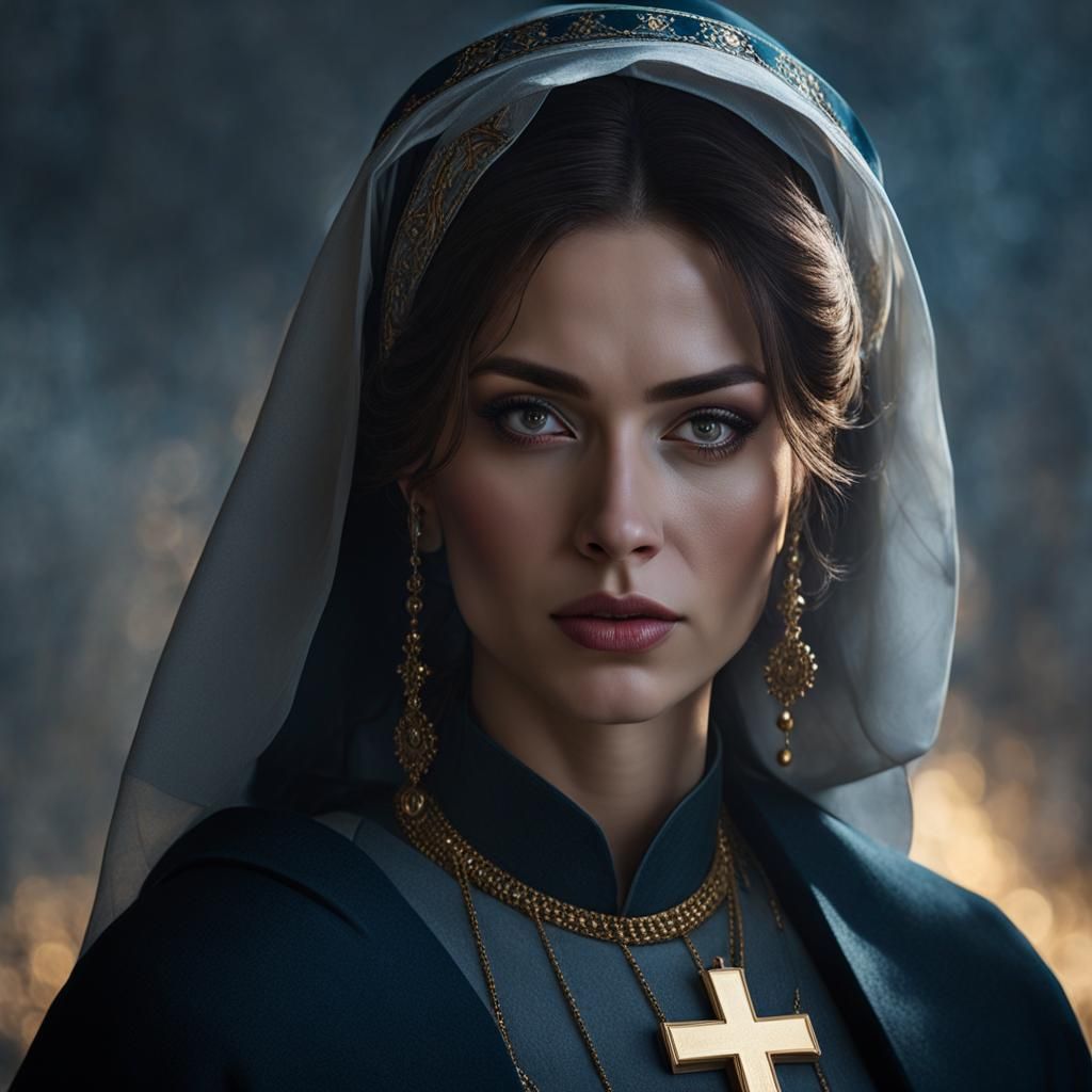 Detailed Portrait of Catholic Girl in Art Nouveau Style