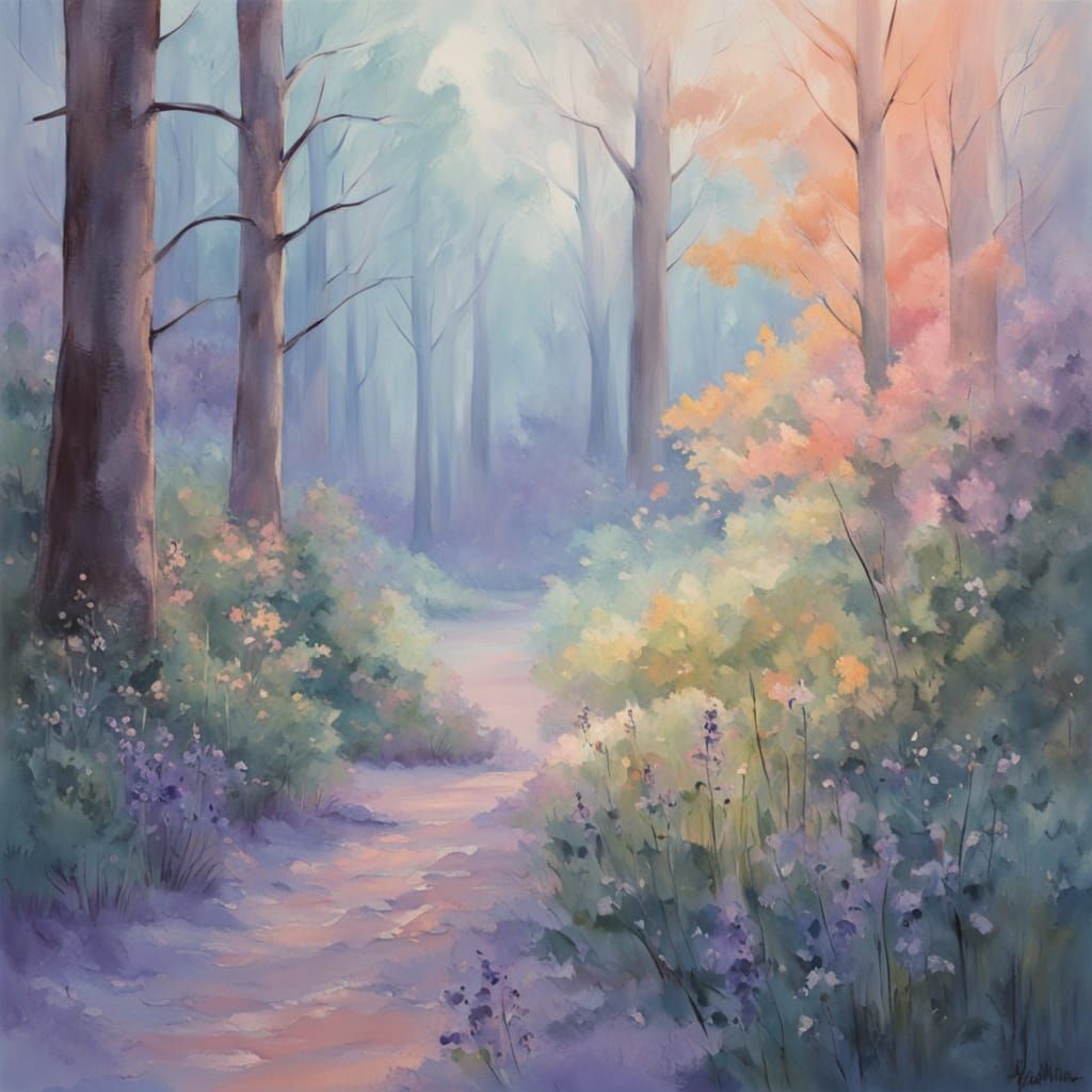 Dreamy Impressionist Forest Scene in Gouache Style