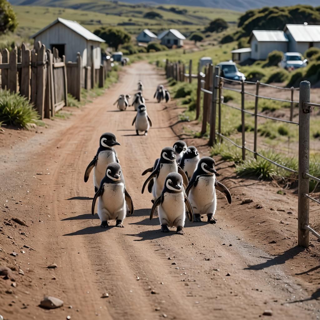 Cute Baby Penguins on a Dirt Road