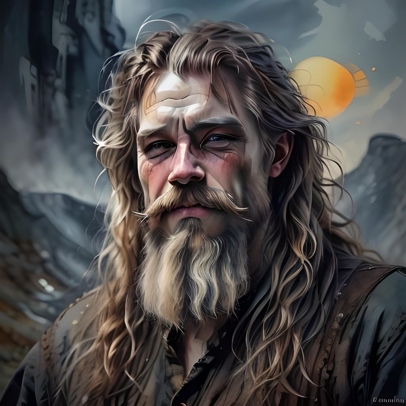 Rugged Norwegian Man with Long Hair and Beard