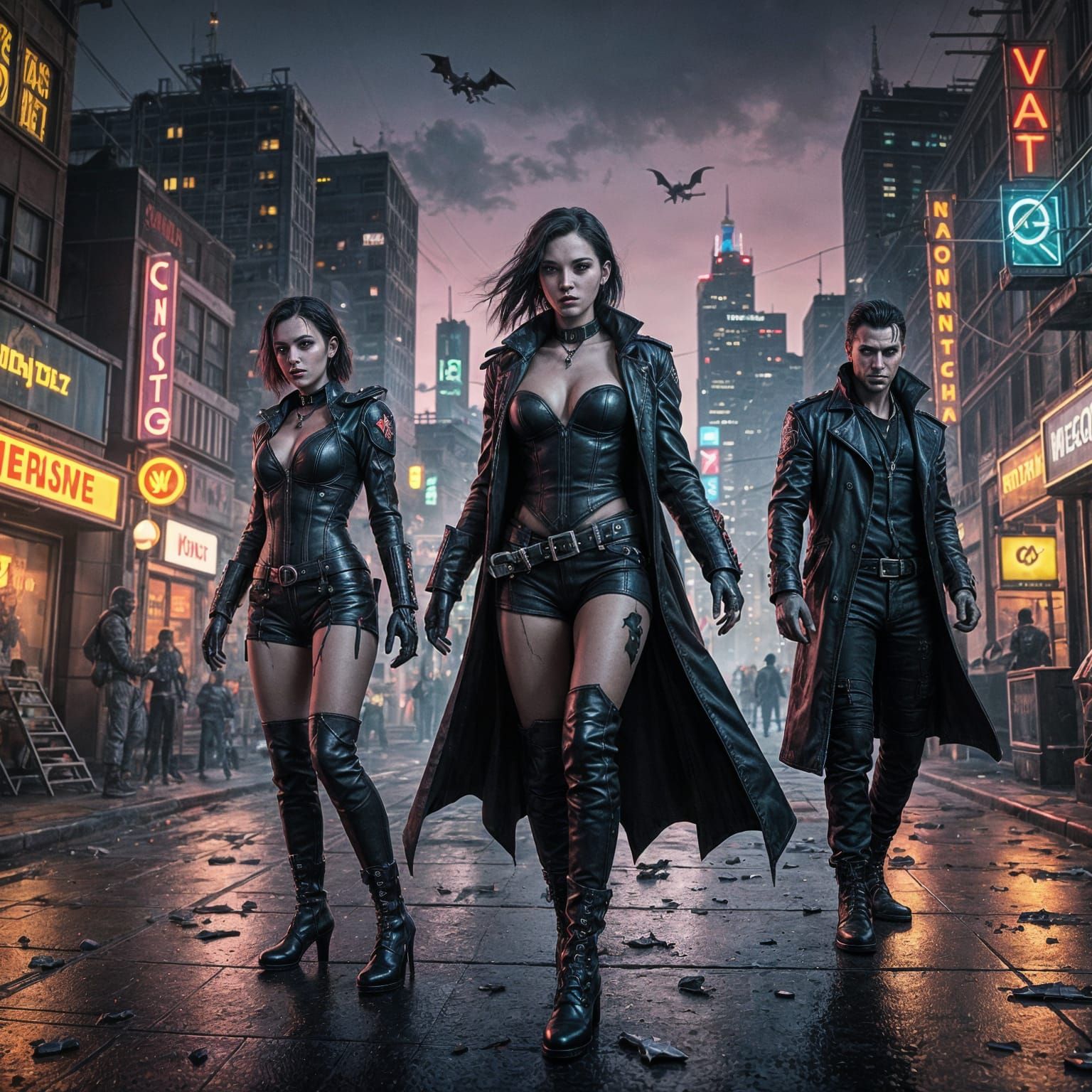 Neon Gothic Vampire Rebellion in Cyberpunk Cityscape