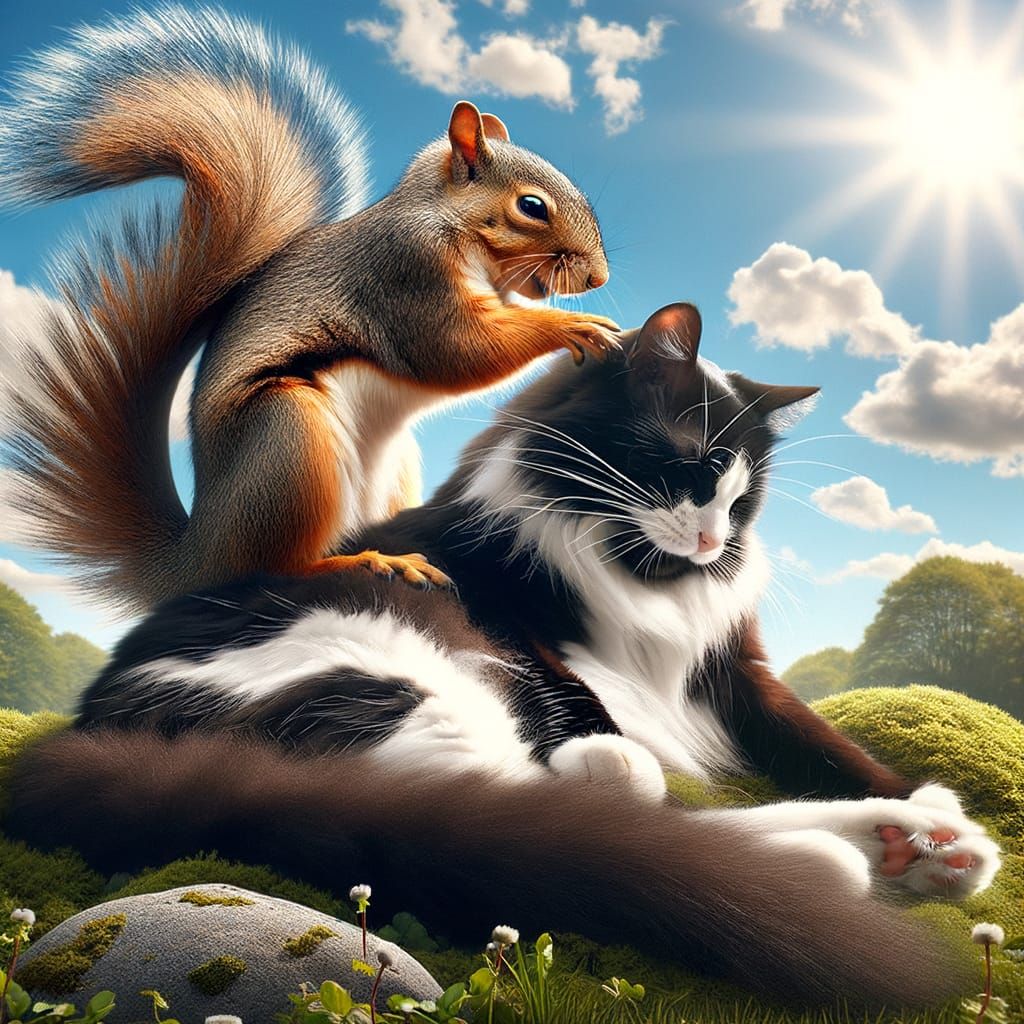 Stylish Tuxedo Cat Plays with Oversized Squirrel in Serene L...