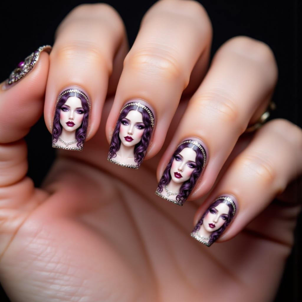 Elegant Nail Art Featuring Tiny Realistic Portraits