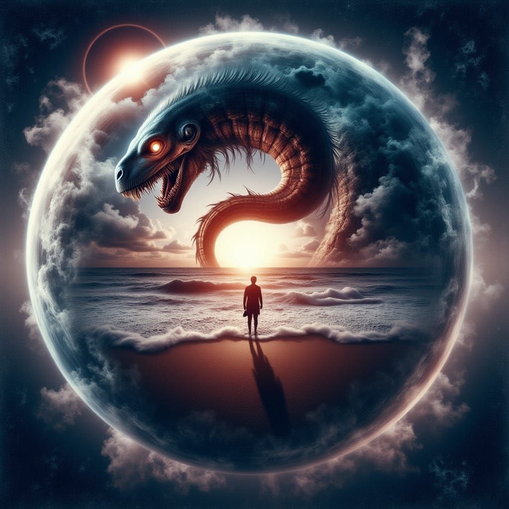 Double exposure: Xenomorph <lora:-Memories-:1.0> sea monster...