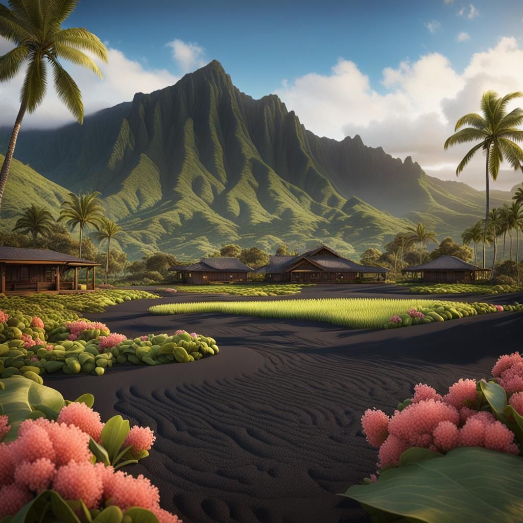 Hawaiian Ranch with Orchard, Matte Painting Style
