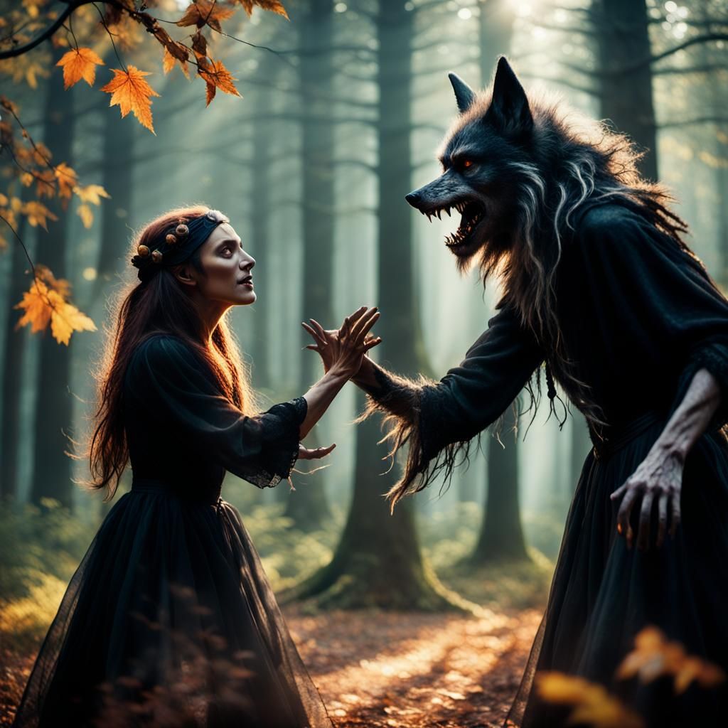 Werewolf and Witch Dancing in Forest, Cinematic Photography