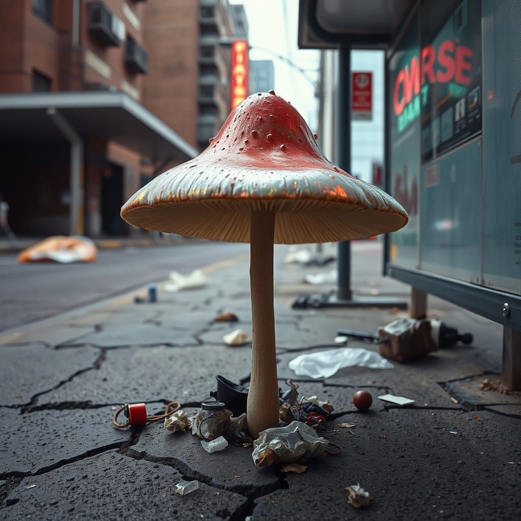 Alien Mushroom Emerges from Urban Decay in Surreal Futuristi...