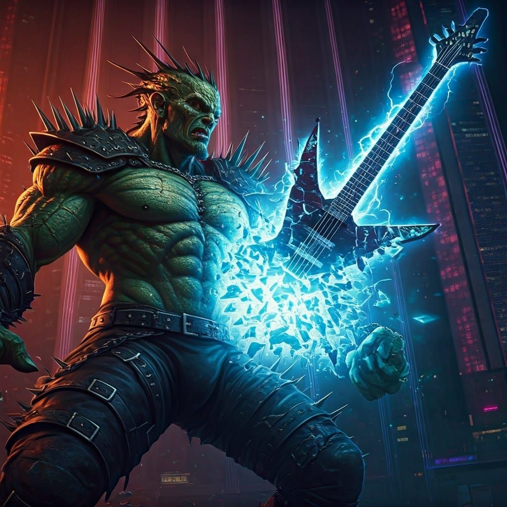 Thrash Metal Alien Guitar Smash in Neon Cityscape
