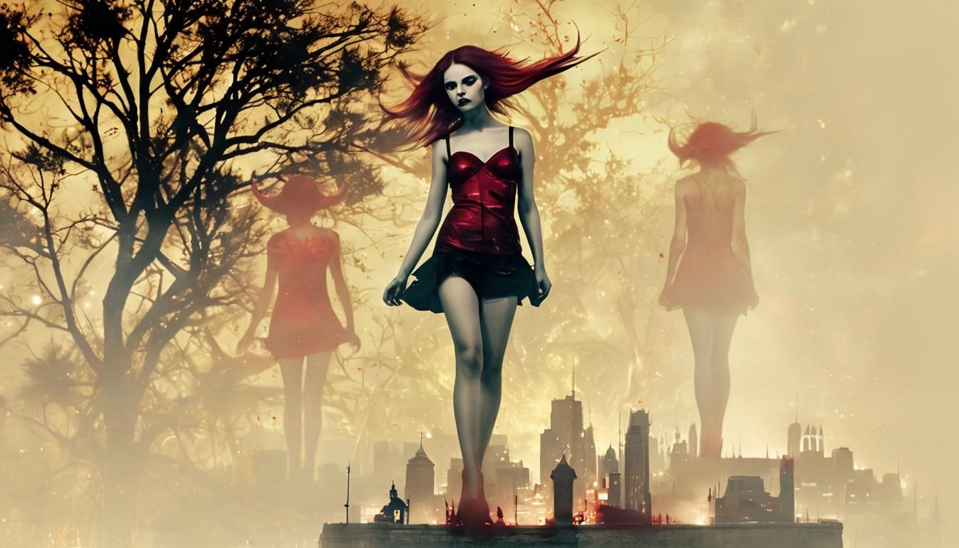 Blood-Toned Dream: Ethereal Figures in a Defocused Nightscap...