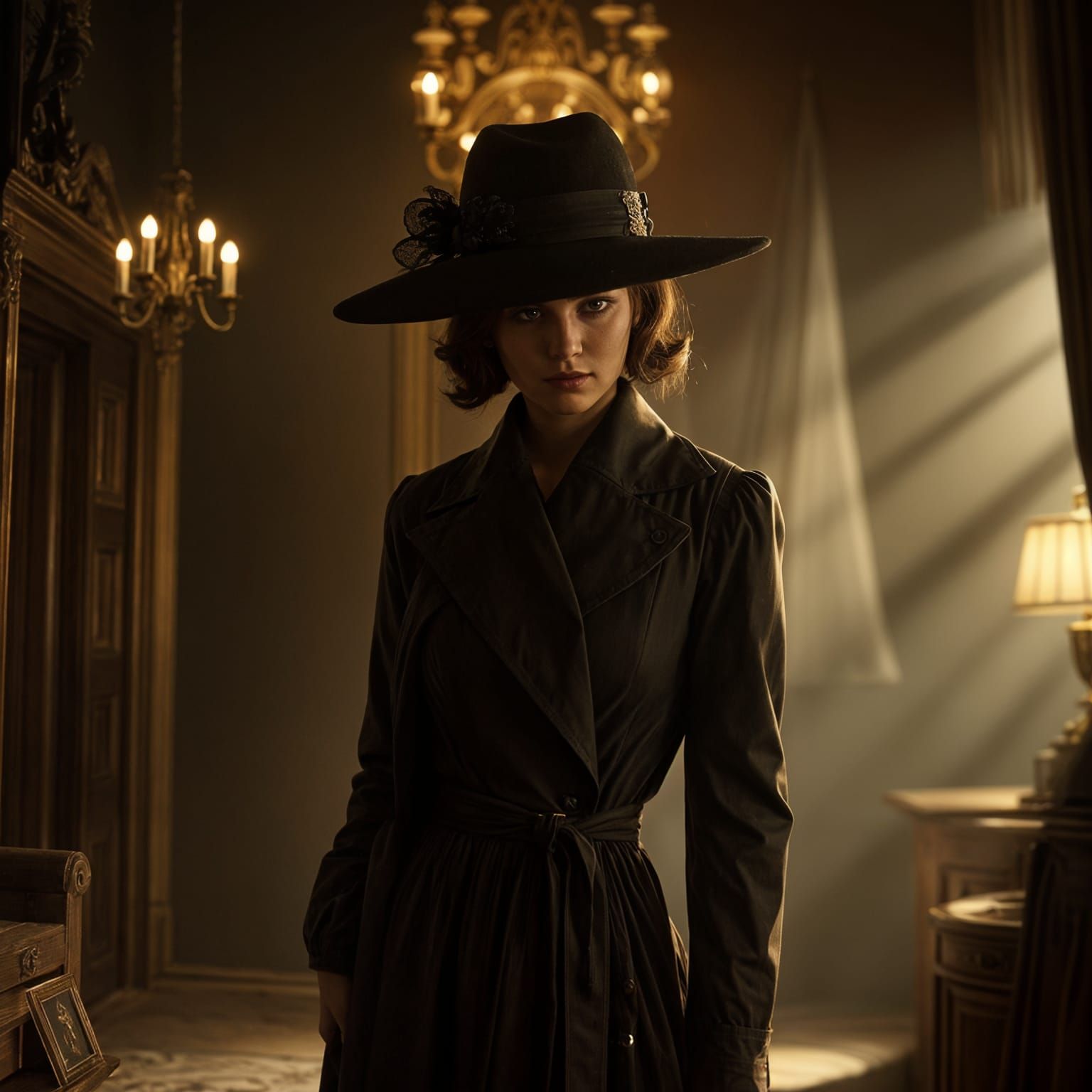 A Mysterious Woman Guarding Hidden Truths in a Somber Atmosp...