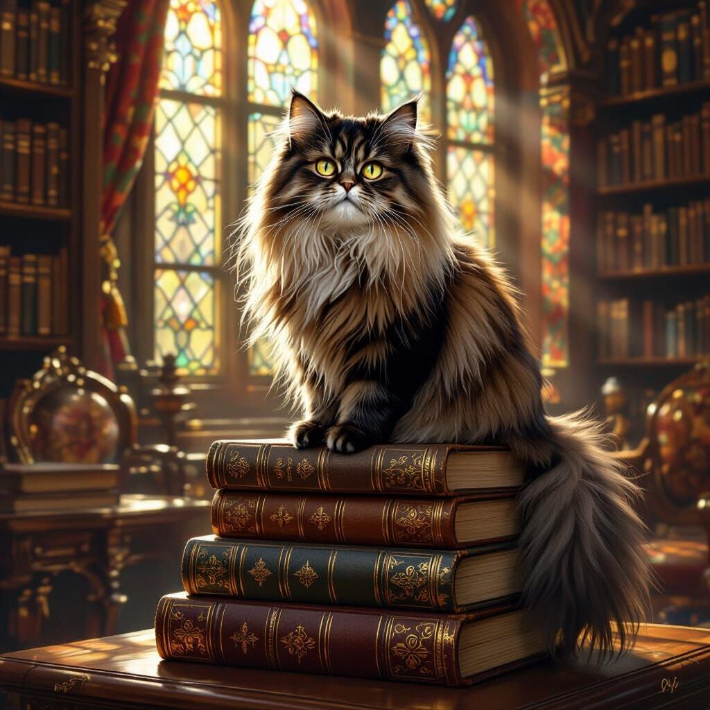 Victorian Library Cat in Pre-Raphaelite Style
