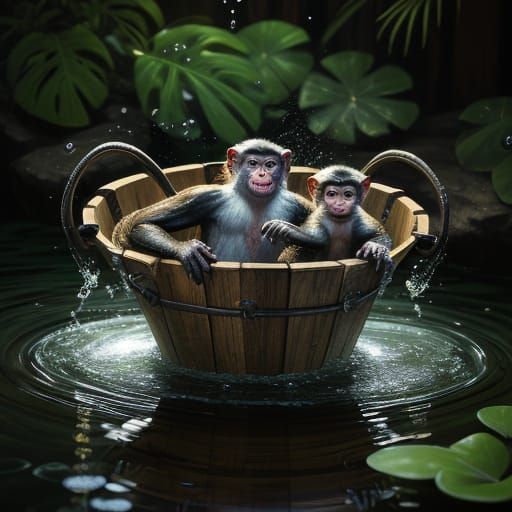 Monkey Hands Filling Bucket with Glowing Water