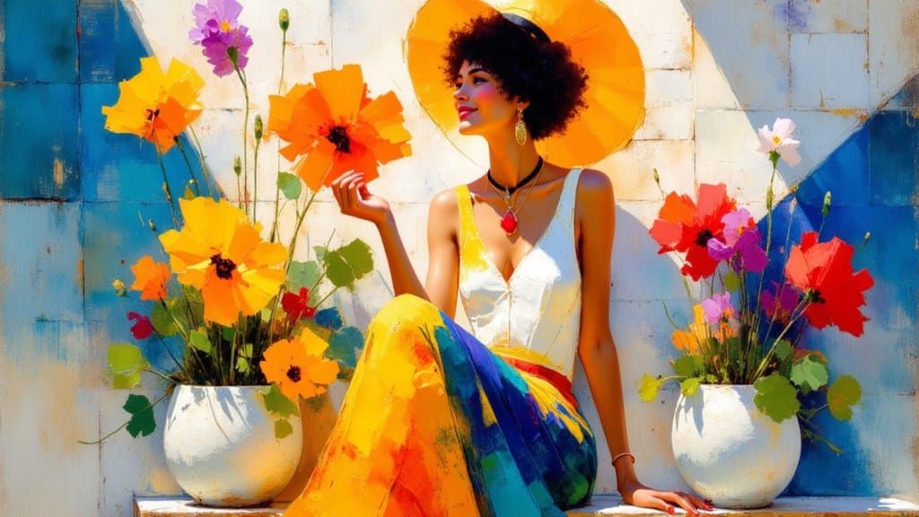 Smiling Woman Surrounded by Colorful Flowers in Impressionis...