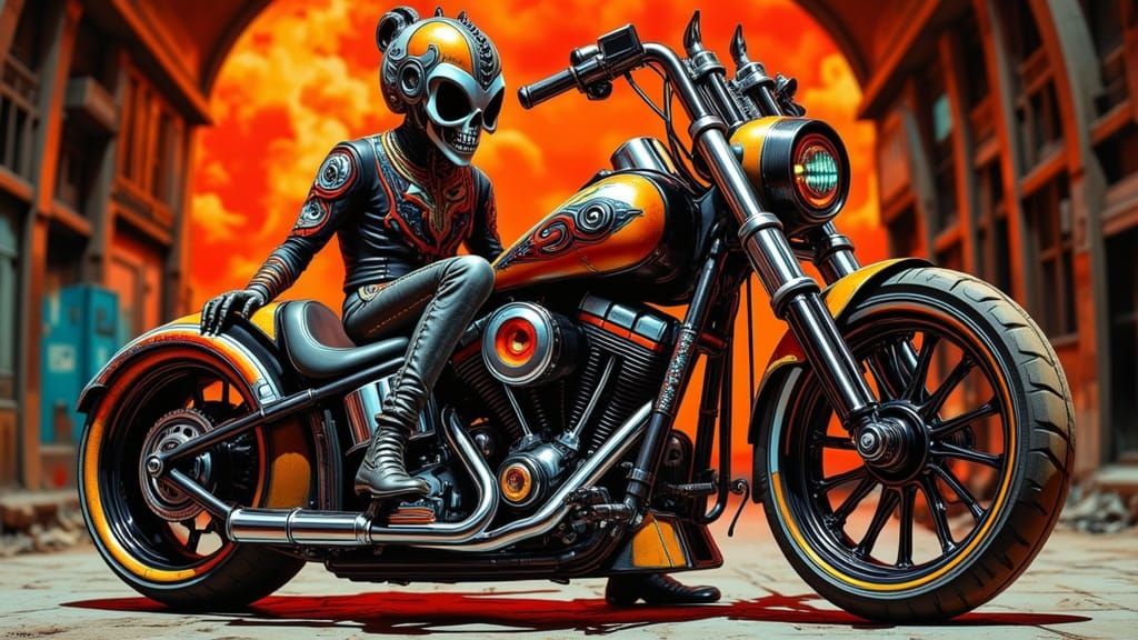 Custom Motorcycle with Skulls in Airbrush Style