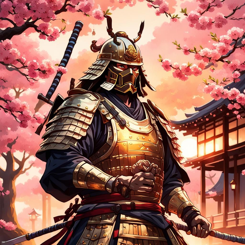 Samurai in Cherry Blossom Garden Oil Painting