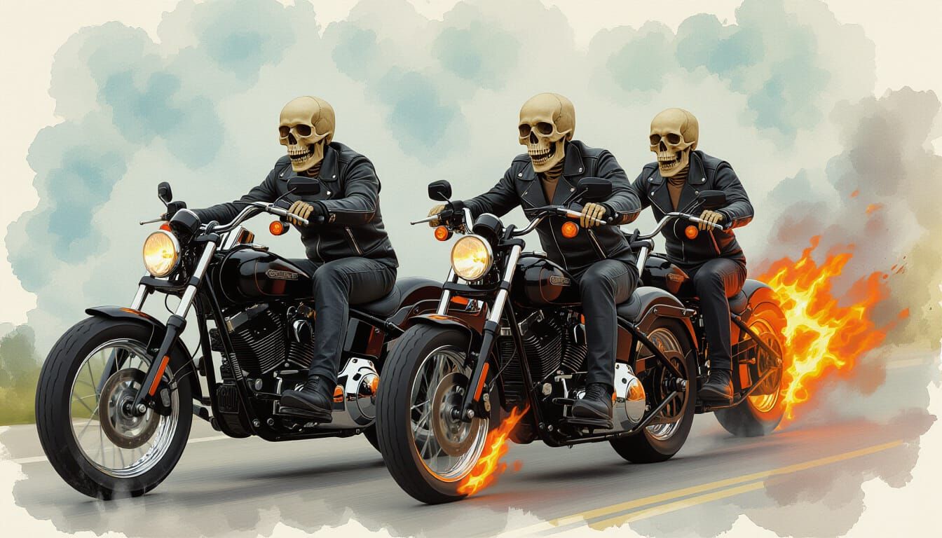 Skeletons Ride Flaming Motorcycles in Realistic Watercolor S...