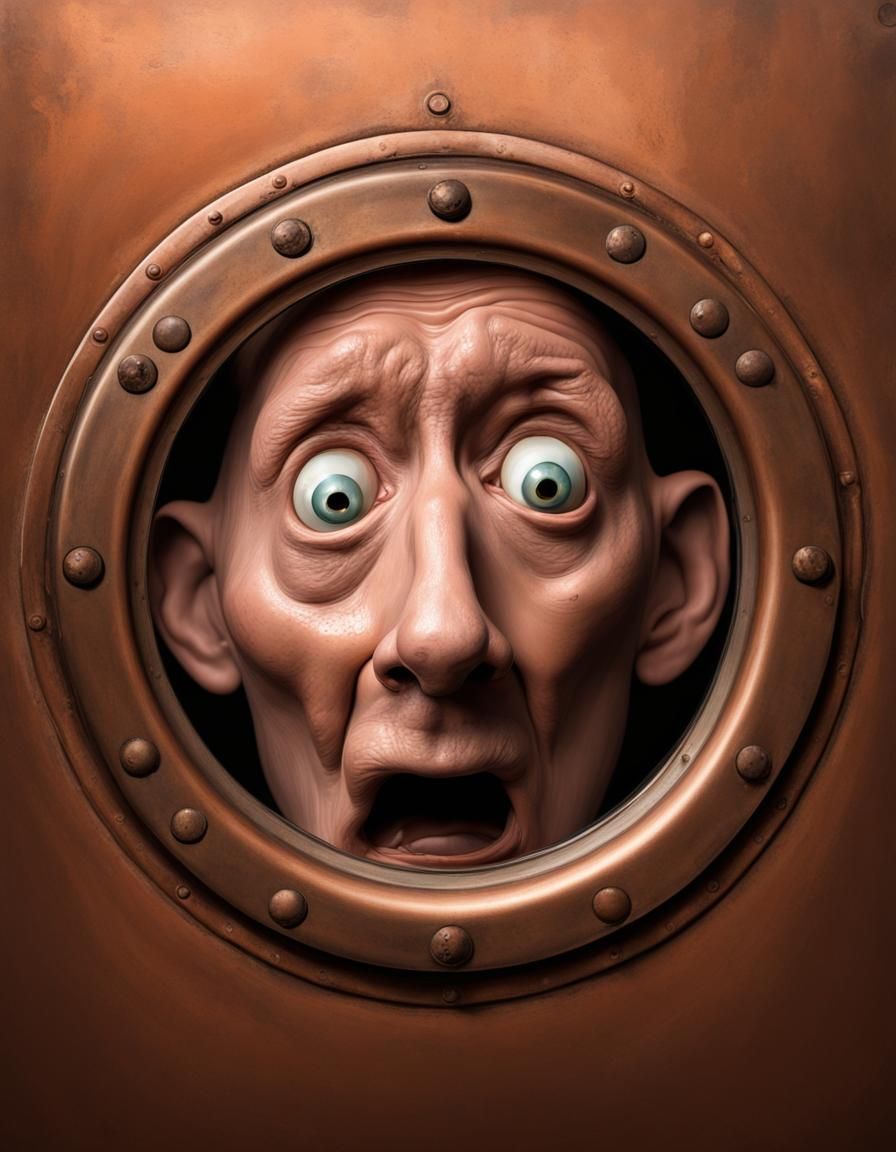 Frightened Face Pushing Against Copper Porthole
