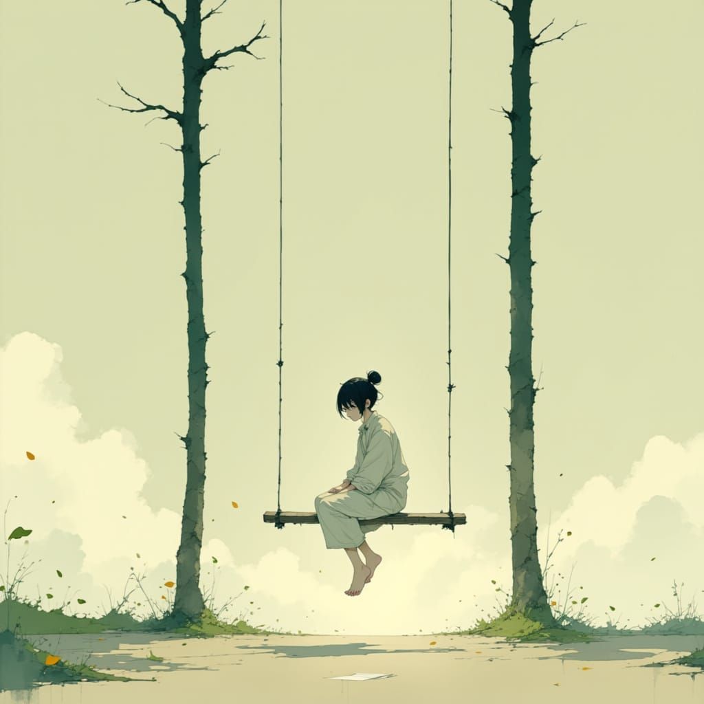 Contemplative Woman on Swing in Digital Painting Style