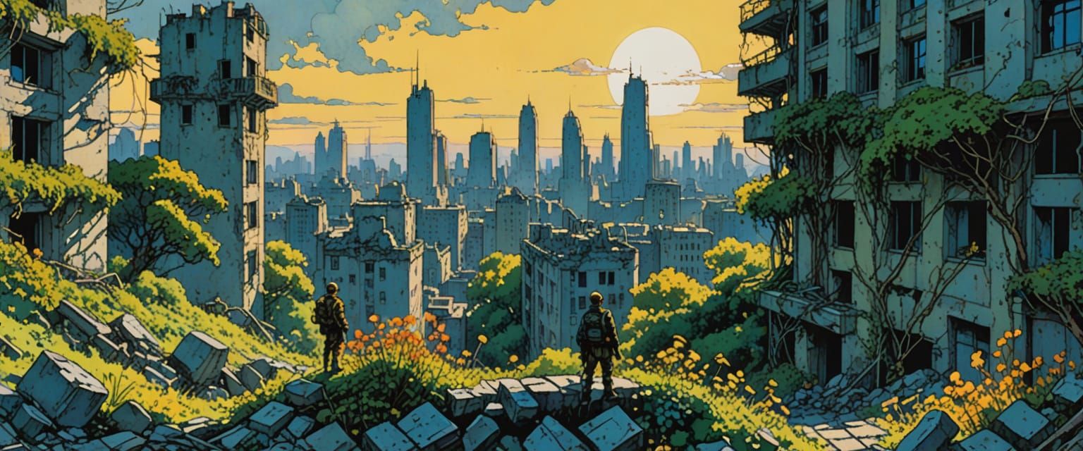 Post-Apocalyptic City Ruins in Comic Book Style
