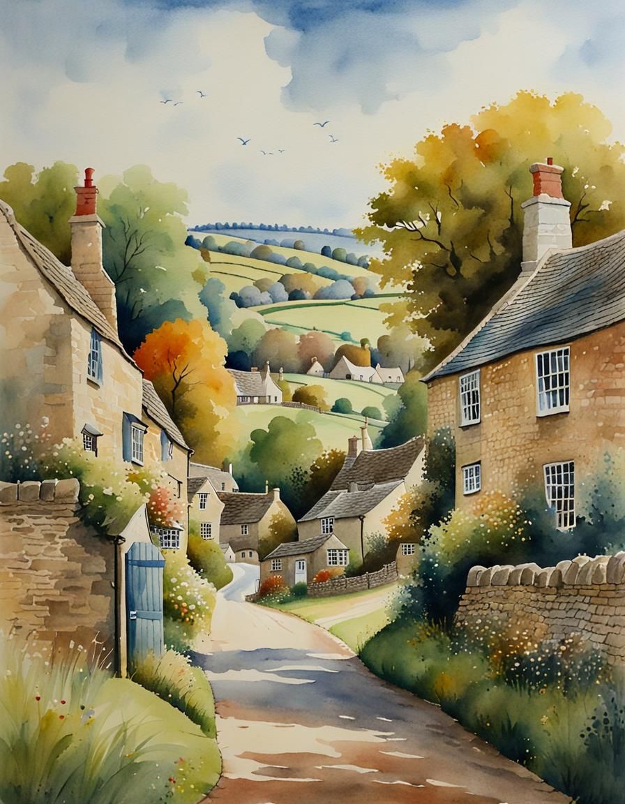 Charming Cotswold Village in Naive Watercolor Style