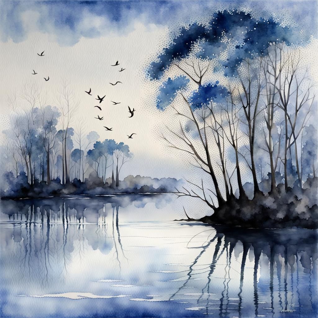 Blue Forest Moonscape in Watercolor Art Brut Style