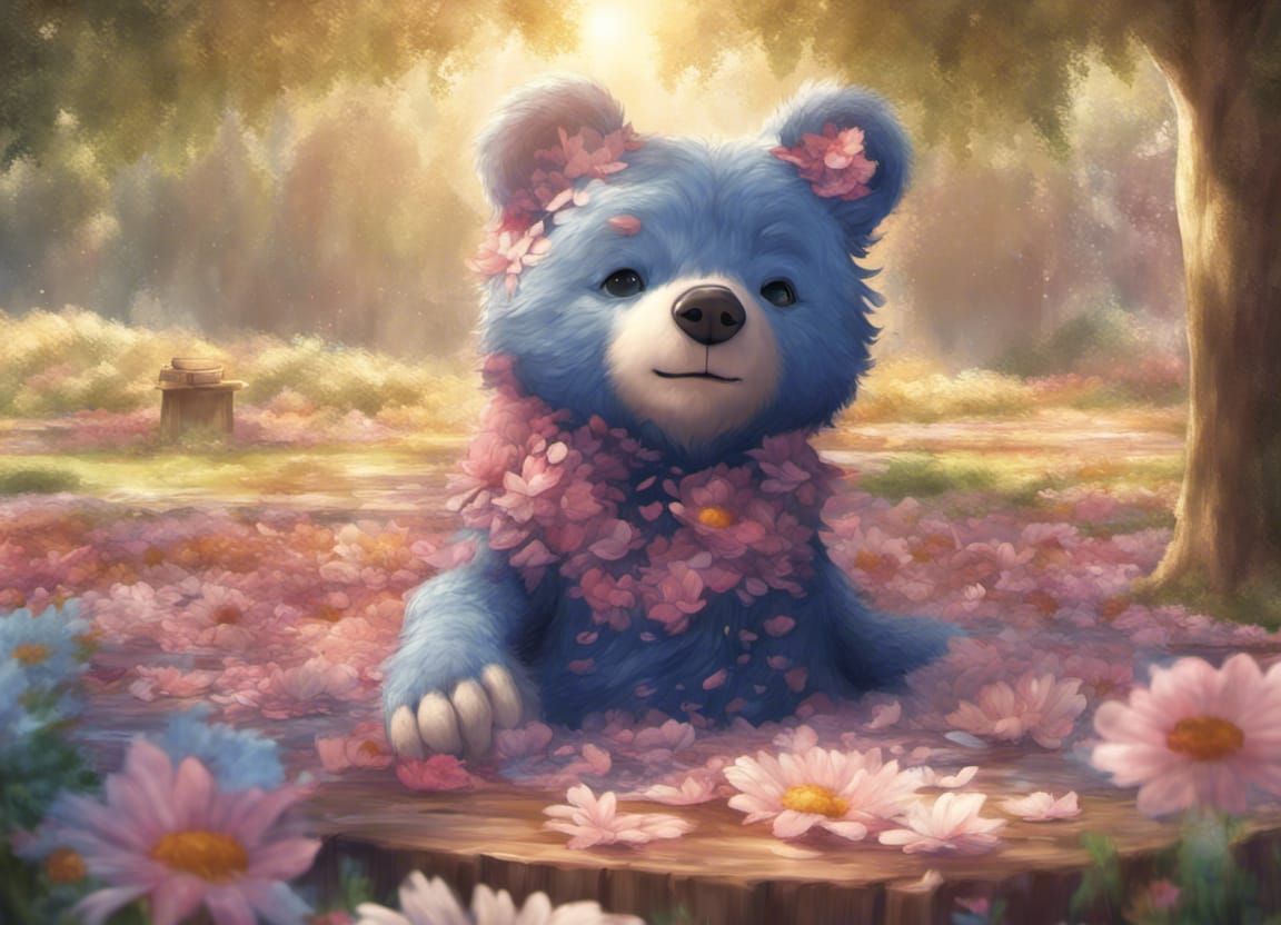 Bear cub playing in the flowers