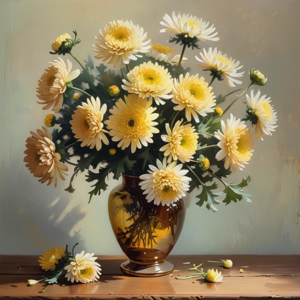 Chrysanthemums Still Life as Impressionist Oil Painting