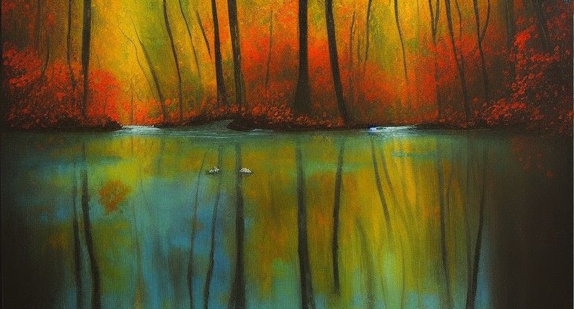 Elegant Forest Painting with Cascading Ponds