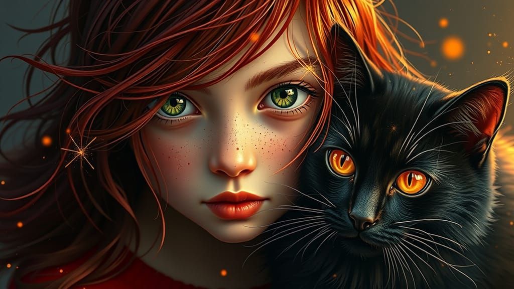 Girl with Fiery Red Hair and Cat in Ethereal Glow