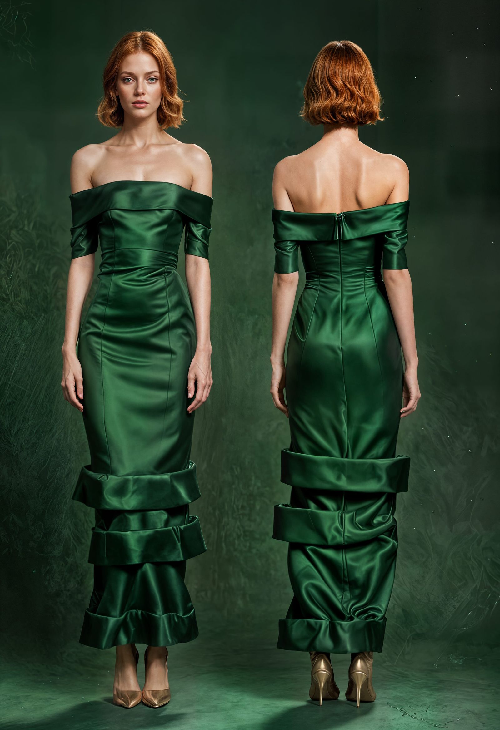 Elegant Redhead in Shimmering Satin and Leather