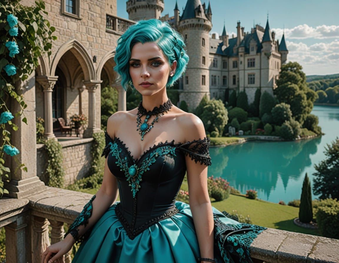 Gothic Bride with Turquoise Hair on Castle Balcony