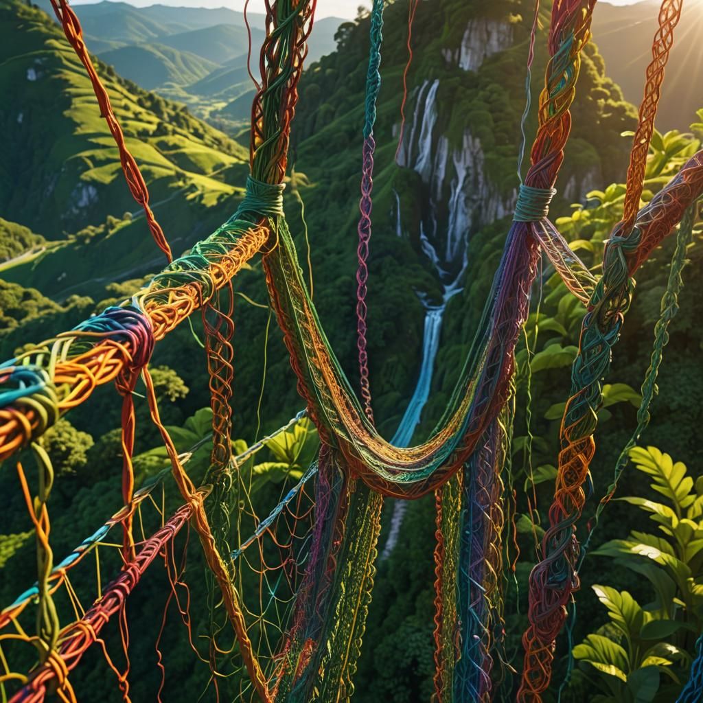 Rainbow Macrame Bridge Between Hills in Digital Art