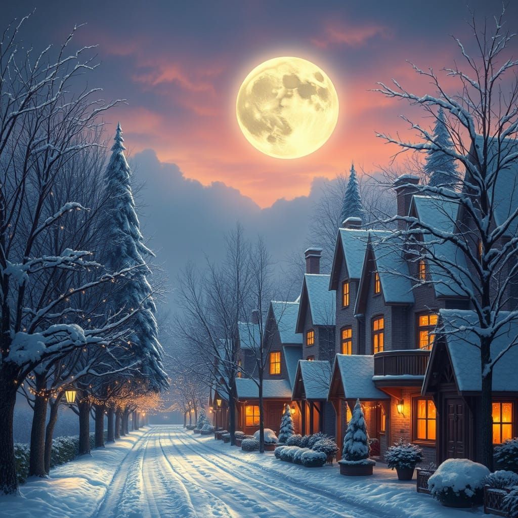 Winter. In a magical snowy alley with trees bathed in soft m...