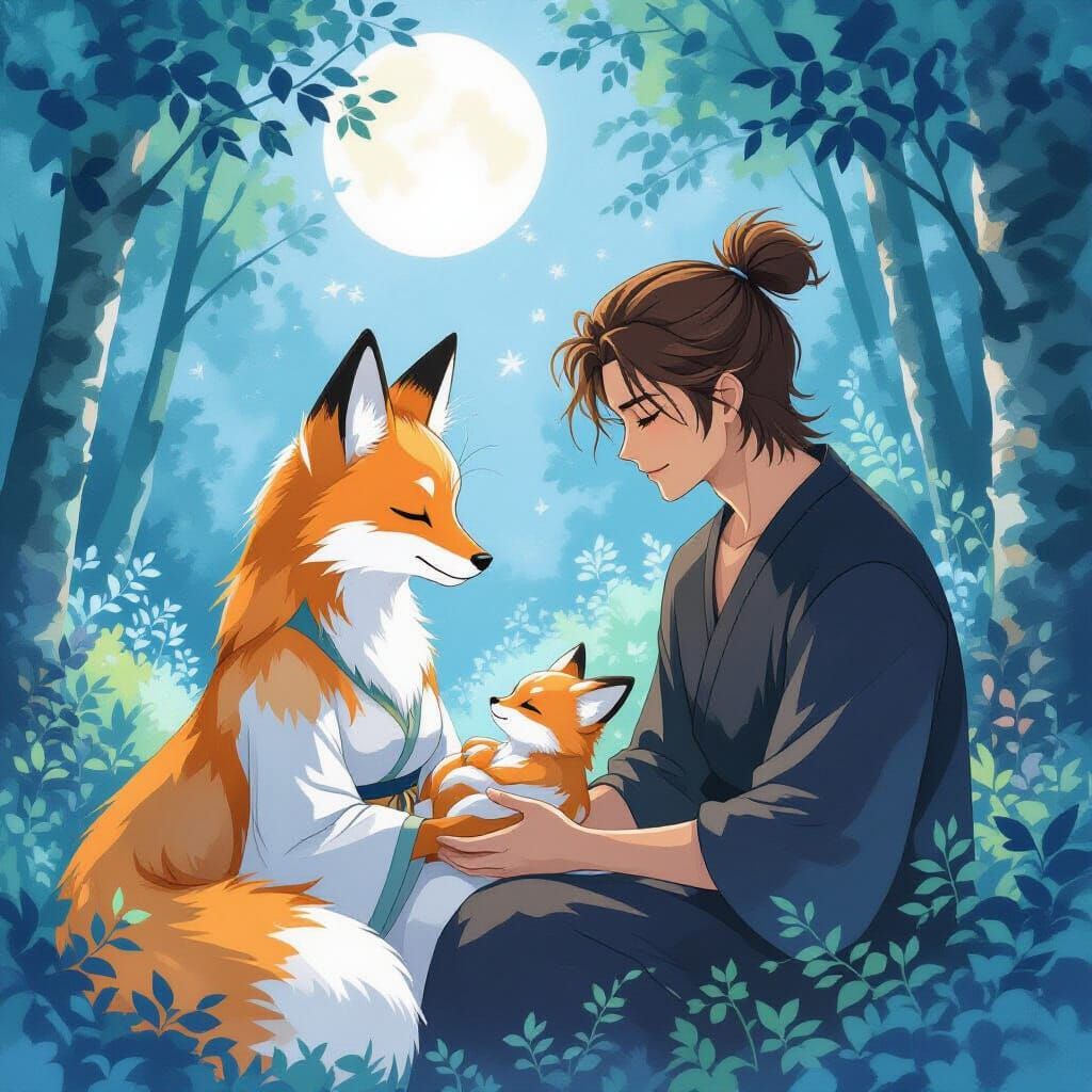 Kitsune Mother and Newborn in Mystical Forest