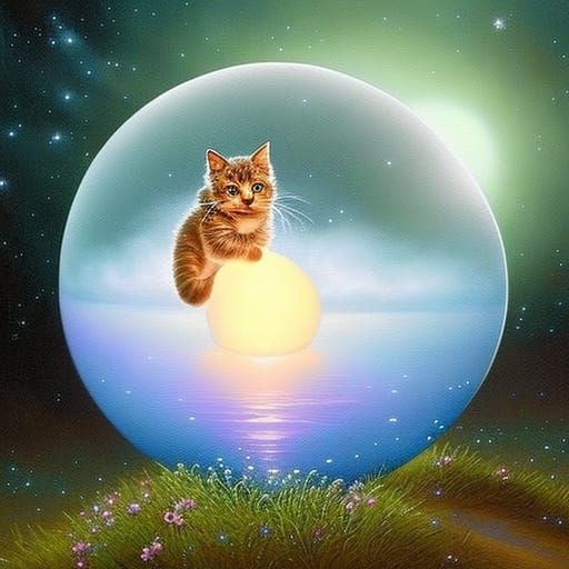 3D cute little kitten inside of a giant glowing orb, highly ...