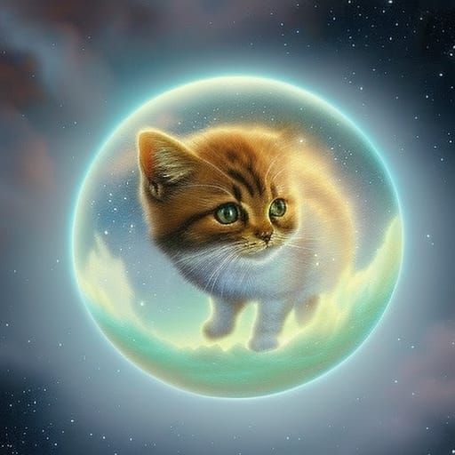 3D cute little kitten inside of a giant glowing orb, highly ...