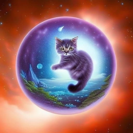 3D cute little kitten inside of a giant glowing orb, highly ...
