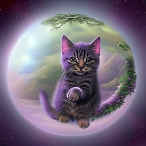 3D cute little kitten inside of a giant glowing orb, highly ...