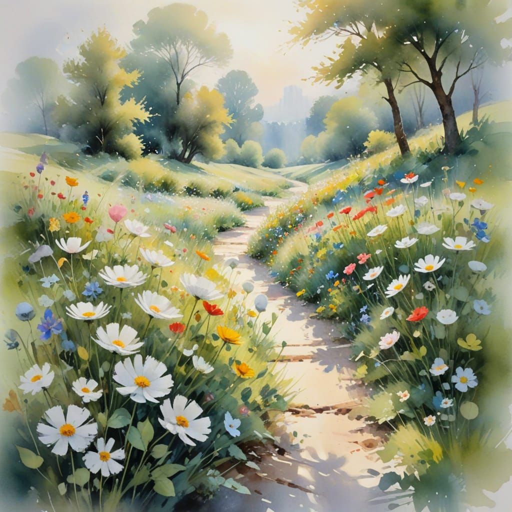 Whimsical Spring Wonderland in Vibrant Watercolour Style